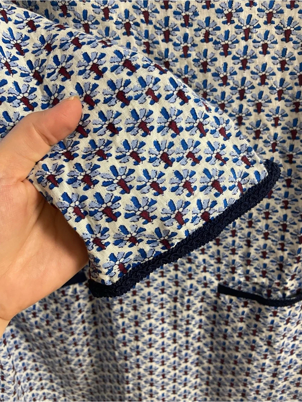 Tory Burch Split V-Neck Tunic Top Front Pockets Navy White Linen Large